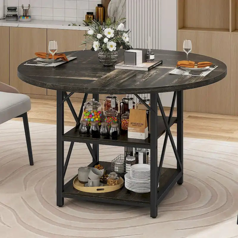 Round Dining Table with Storage Shelves & Metal Legs for 4-6 People
