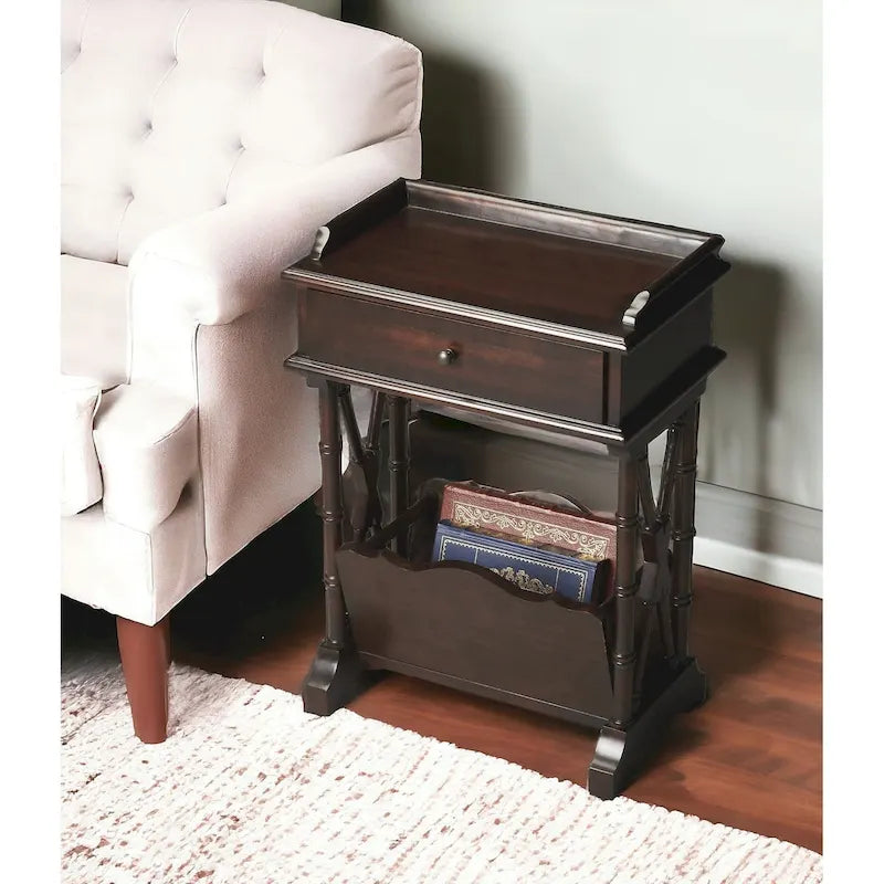 24 Black Solid Wood End Table With Drawer And Shelf With Magazine Holder