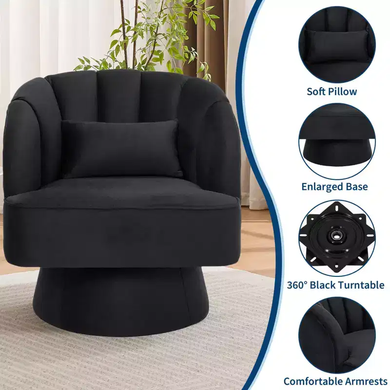 Modern Swivel Barrel Accent Chair, 360 Degree Velvet Upholstered Armchair with Striped Backrest & Plush Padding, Comfy Round Lounge Chair 2 PCS