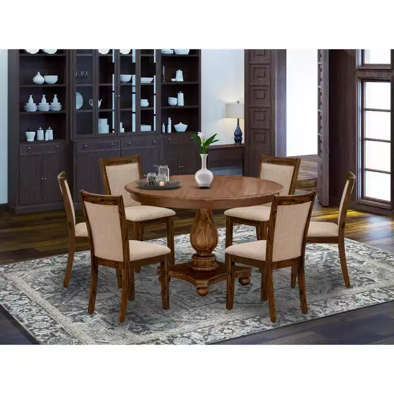 HomeStock Belmont 7-Piece Modern Dining Set - Wooden Pedestal Table and 6 Light Tan Color Parson Dining Chairs with High Back - Antique Walnut Finish