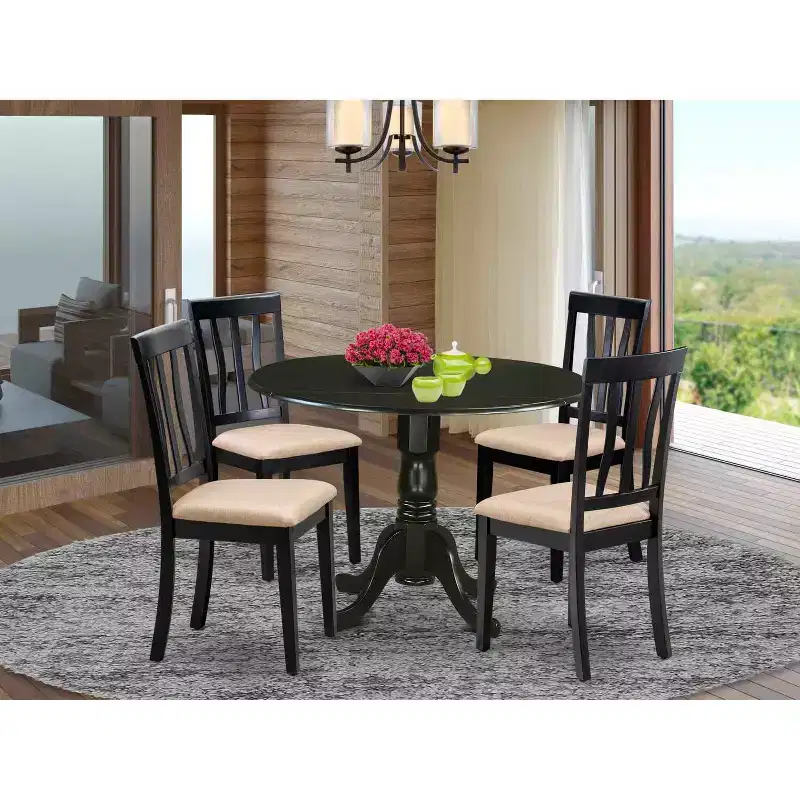 Dining Set - 5 Piece Round Table & 4 Linen Chairs - 42x42 Inch Black Kitchen Set