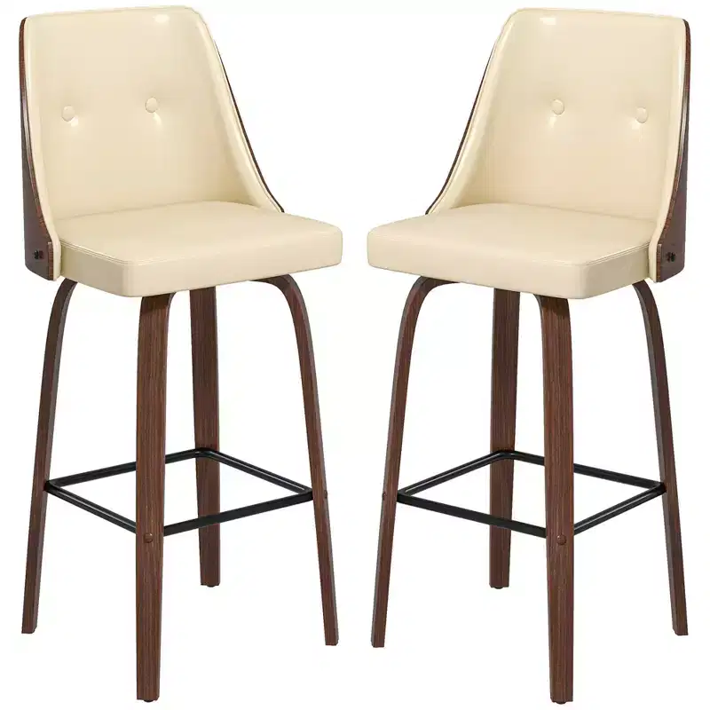 HOMCOM Bar Height Bar Stools Set of 2 PU Leather Swivel Barstools with Footrest and Tufted Back