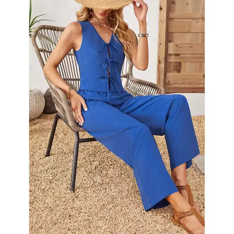 Women Two Piece SetsOutfits Lounge Sets Cap Sleeve Tops Wide Leg Crop Pants Vacation Travel Outfits