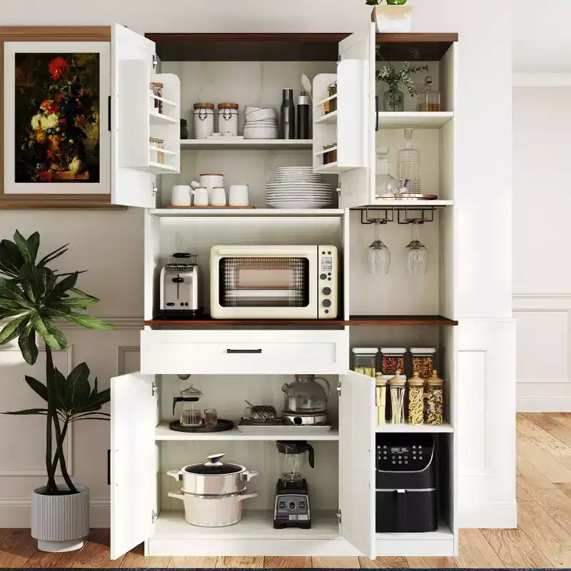 71 in. Tall Multifunctional Storage Cabinet with Wine Rack and Drawer, Antique White