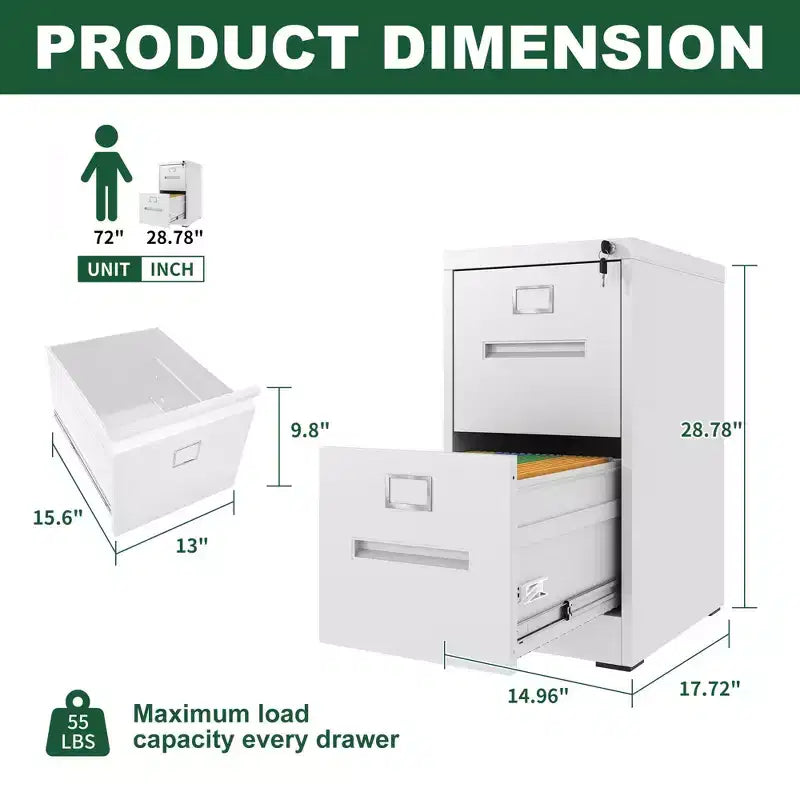 2-Drawer Narrow Metal File Cabinet with Lock – White