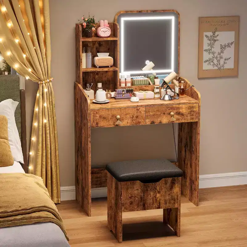 Vanity Desk with LED Mirror and Charging Station, Makeup Table Set with Storage Drawers and Stool, 3 Lighting Modes for Bedroom, Retro Brown