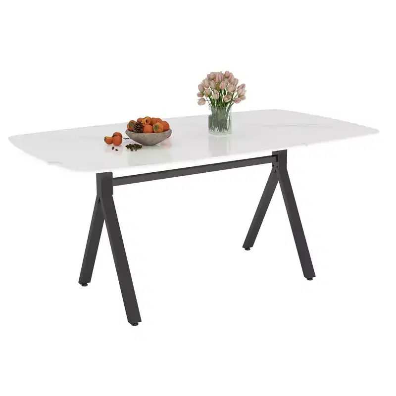 GDFStudio Daniela Modern Tempered Glass Rectangular Dining Table with Marble Design and Metal Legs