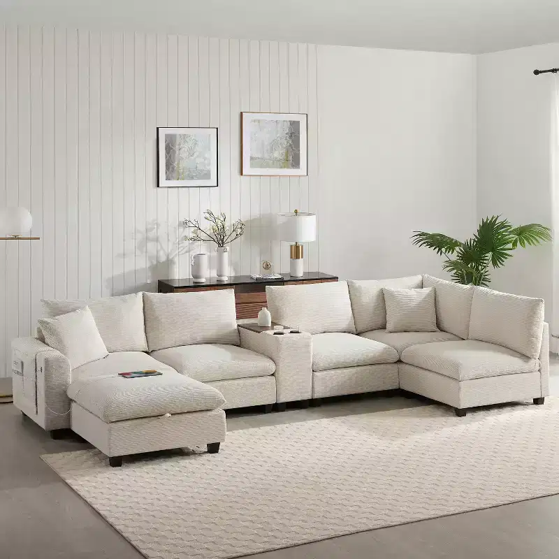 GDFStudio Logan Modern 140 Corduroy U-Shaped Modular Sectional Sofa with Movable Storage Ottoman, Console and USB Charging