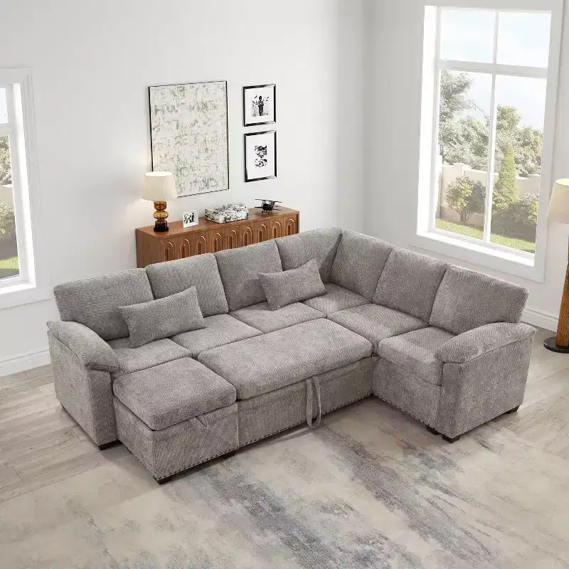 97W L-Shaped Corner Sectional Sofa Couch with Storage Ottoman, 7-Seat Chenille Fabric Corner Couch with 2 Pillows for Living Room - ModernLuxe