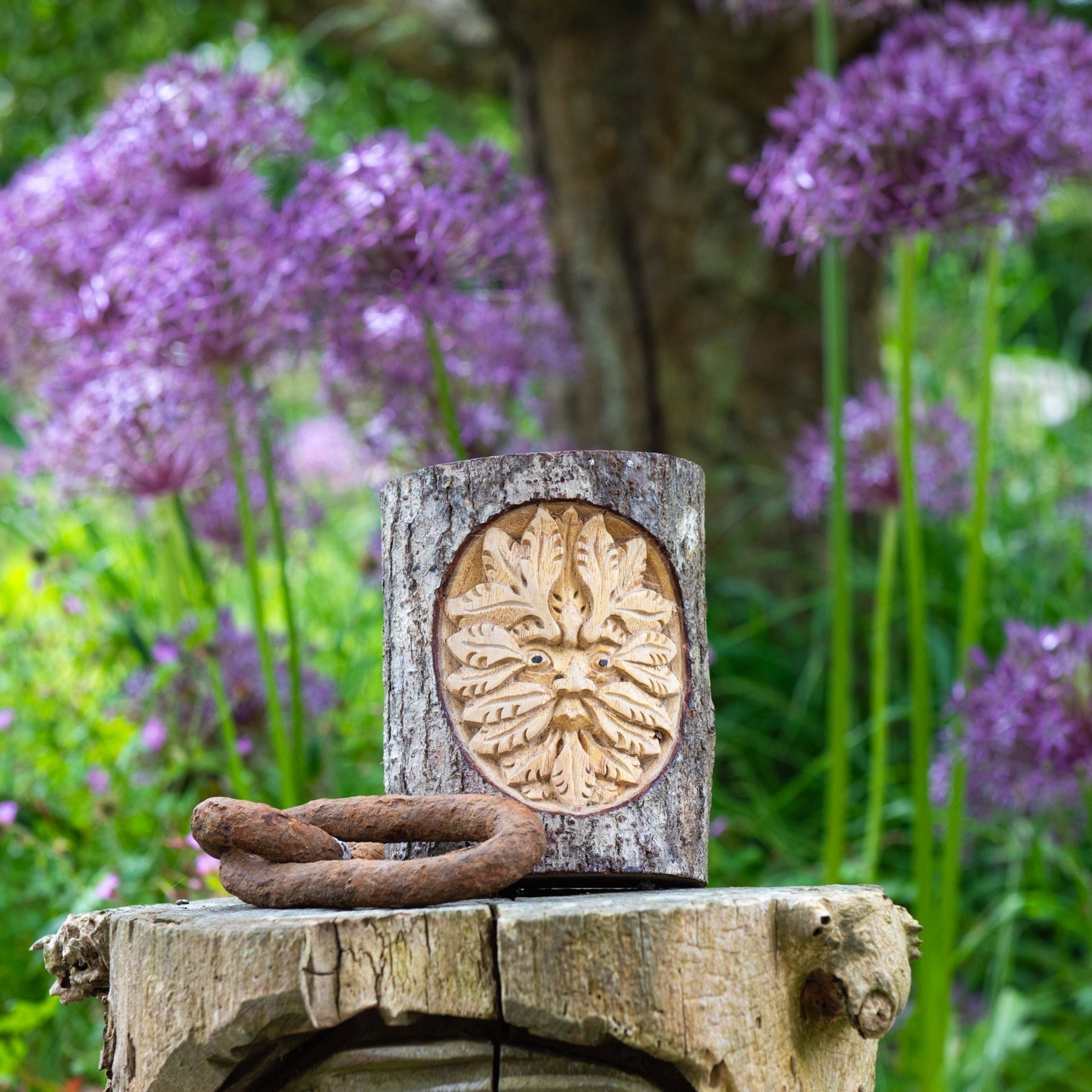 Green Man Carved Trunk Section
