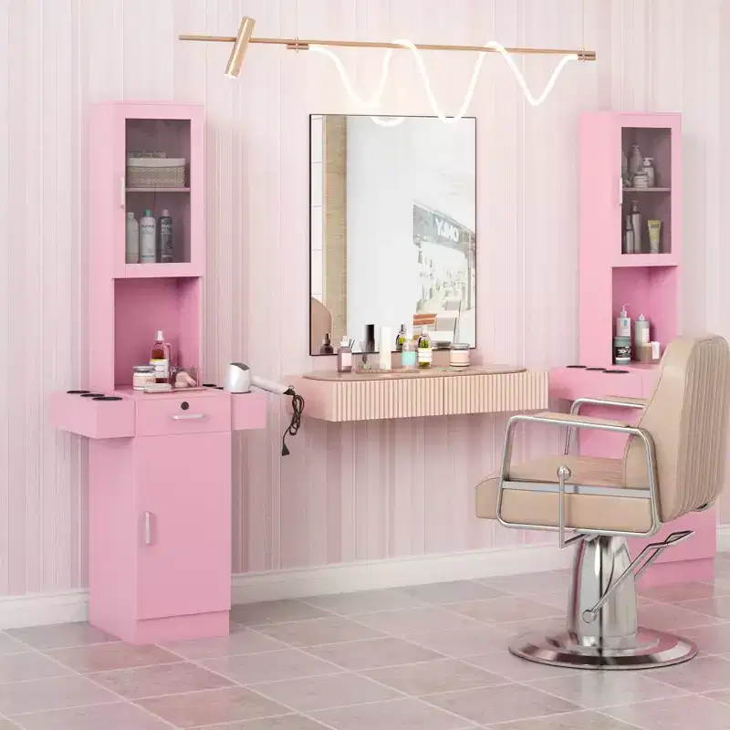 Sandinrayli Salon Station for Hair Stylist,Hair Styling Storage Cabinet with Glass Door Pink