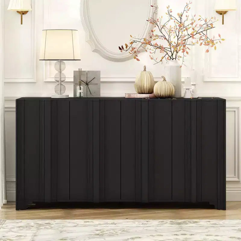 TUYOHW Modern 4-Door Sideboard,Storage Cabinet with Linear Accents,Pine Veneer,Triangular Legs,Console Cabinet for Living Room,Entryway,Study