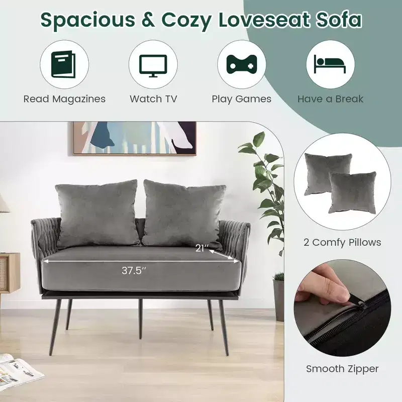 Costway Modern Loveseat Sofa Upholstered Dutch Velvet Couch with Woven Back & Arms Green/Grey