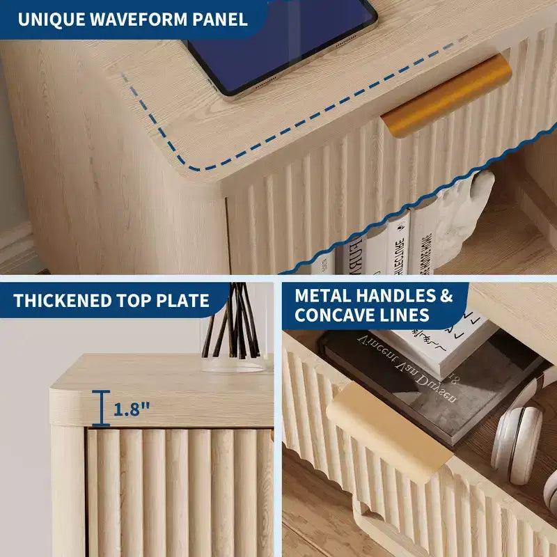 Fluted Nightstand with Charging Station and Drawers