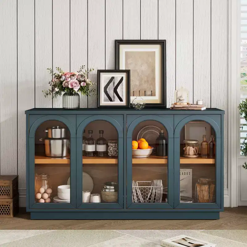 Modern Arched Glass Door Sideboard Buffet Cabinet, Black with Gold Accents, Adjustable Shelves, Push-to-Open