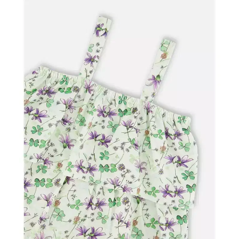 Deux par Deux Girl Jersey Romper with Tiers Green Printed Flowers