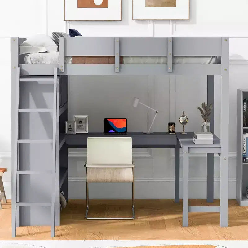 78L x 57.6W Morden Design Full Size Loft Bed with Desk and Shelf, Stable and Safety