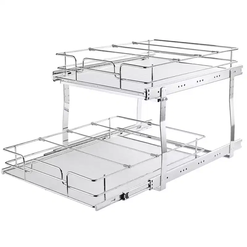 VIYET 2-Tier 20W21D Slide Out Cabinet Shelves, Heavy Duty Chrome Steel Pull Out Drawers, Under Sink/Kitchen/Bathroom