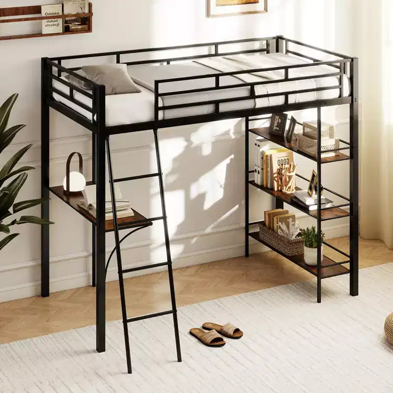 Costway Twin Size Loft Bed w/ Desk & Shelves Inclined Ladder & Full-length Guardrails