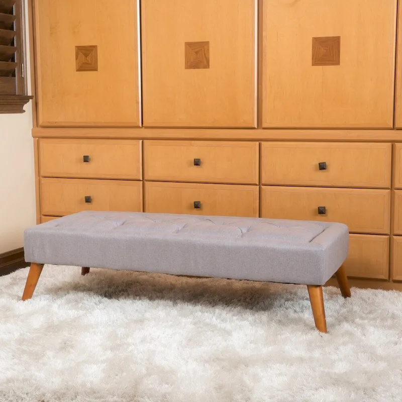 Tufted Fabric Ottoman Bench with Wooden Legs