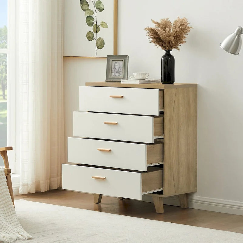 Modern White Oak Storage Dresser Side Cabinet with 4 Drawers