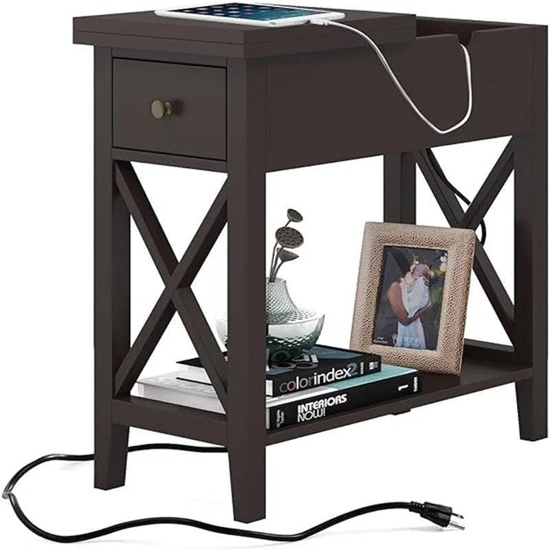 Narrow End Table with Flip Top Drawer and Charging Station
