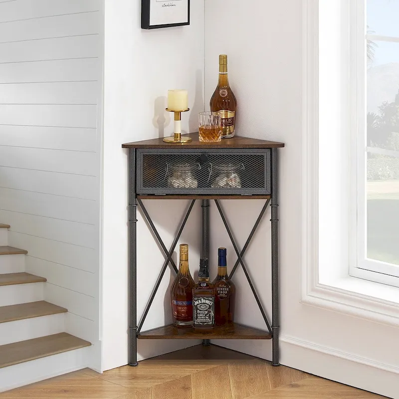Javlergo Corner Table with Drawer and Storage Shelf, Triangle Freestanding Floor Cabinet for Kitchen, Living Room and Bedroom