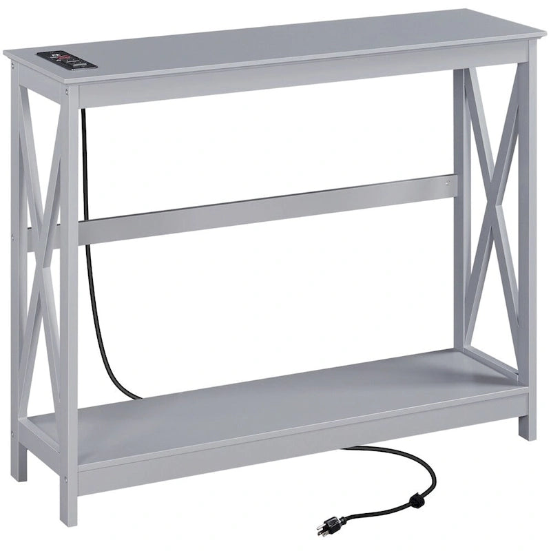 2-Tier Narrow Sofa Console Table with Built-In Power Outlet