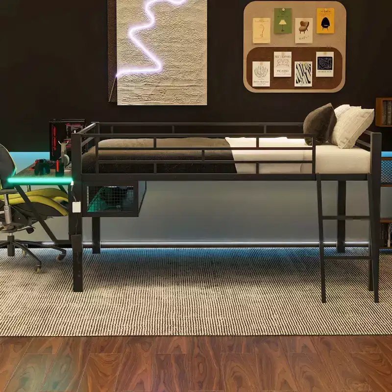 Whisen 92.8''L x 41.7''W Gaming Style Black Metal Loft Bed with Built in Desk, Ladder and Shelf