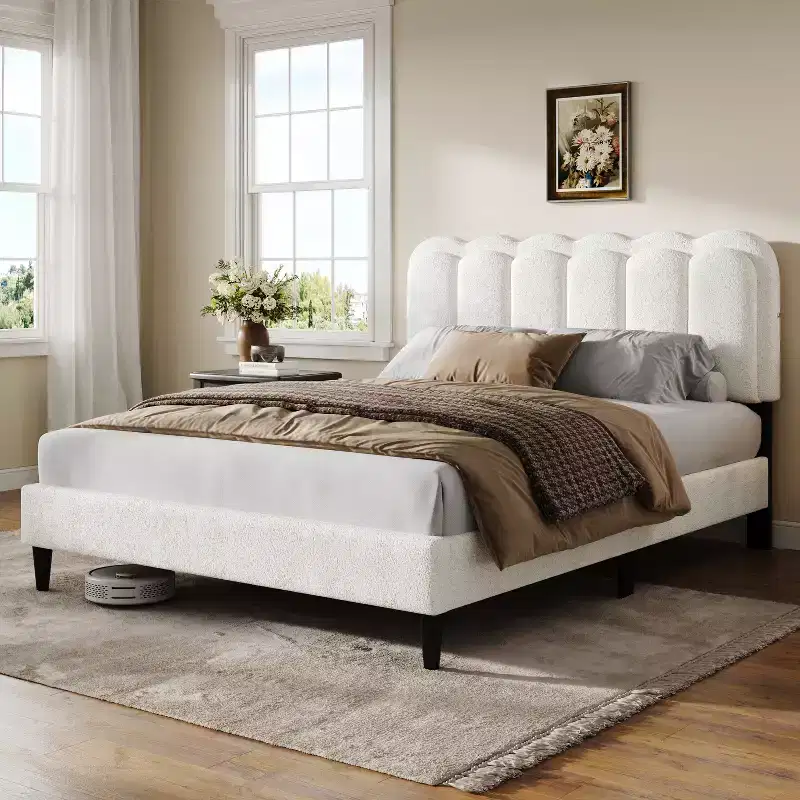 Modern Rubberwood Boucle Upholstered Bed with Light and Petal Headboard