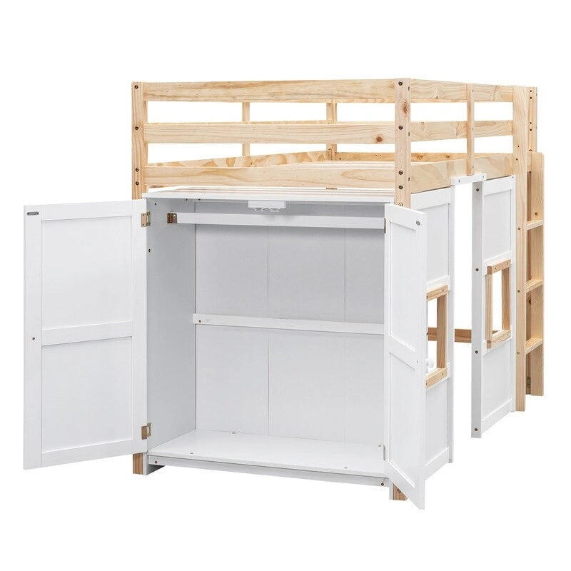 Natural Pine Wood Loft Bed with Storage Wardrobe Windows White Gray Kids