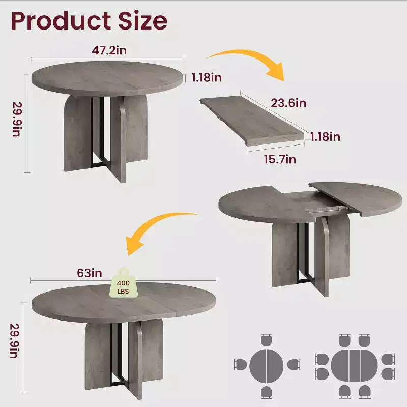 47-63 Extendable Round Dining Table for 4-8, Farmhouse Wood Expandable Kitchen Table with Metal Frame, Oval Space Saving for Apartment, Retro Gray