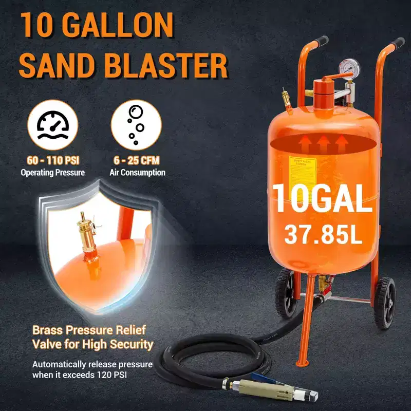 Sand Blaster, Portable Sand Blaster 10 Gal with Wheels  125 PSI Sandblaster with 4 Ceramic Nozzles Oil-Water Separator Pressure Gauge
