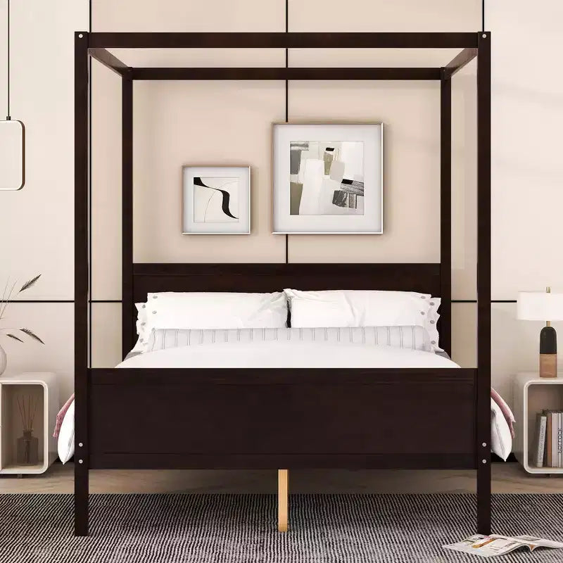Whisen Queen Size Canopy Bed with Headboard & Footboard, Under-Bed Storage & Decor-Friendly Design