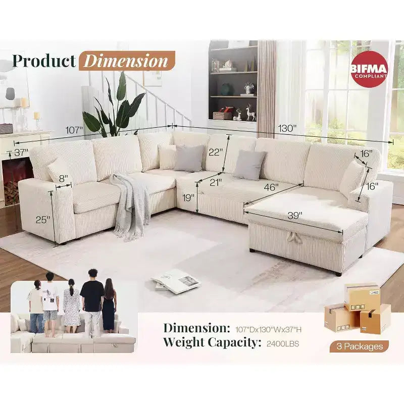 AMERLIFE 130 Sofa Bed, Sleeper Sofa, Pull Out Sleeper Couch with Storage, Convertible 6-Seater for Living Room