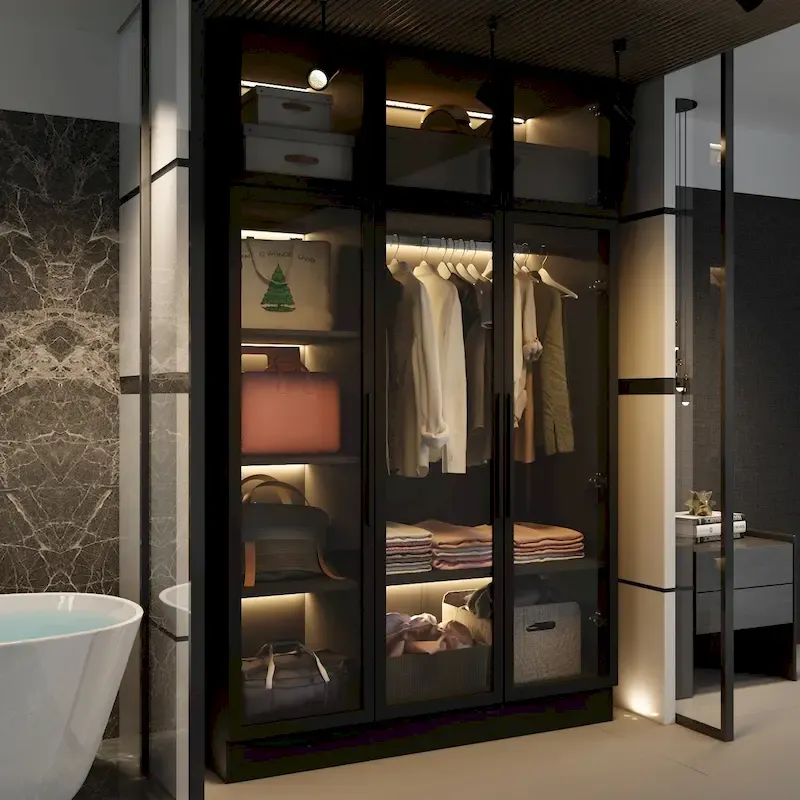 47.2 Wide Armoire LED Light All Glass Door Closet Cabinet Wardrobe