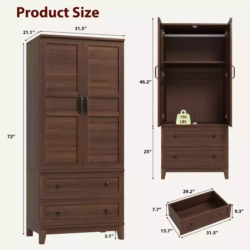 Spacious Wooden Wardrobe Closet with 2 Drawers and 18 Adjustable Shelves  Tall Bedroom Storage Cabinet with Hanging Rod and Modern Doors