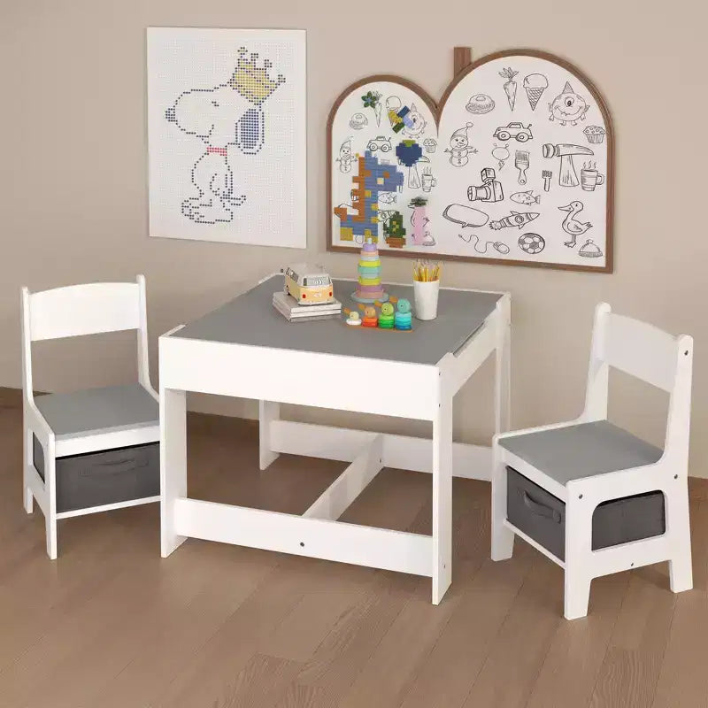 Etokfoks kids table and chair set white gray MDF 3 in 1 activity table with storage drawers for drawing reading crafts playroom