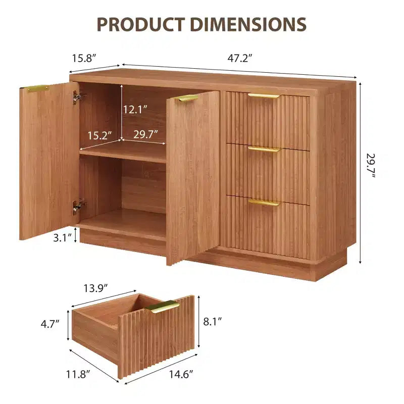 47 Fluted Sideboard Buffet Cabinet, Buffet Cabinet with 2 Drawers & 3 Doors,Storage Sideboard for Living Room Kitchen Hallway,Entryway