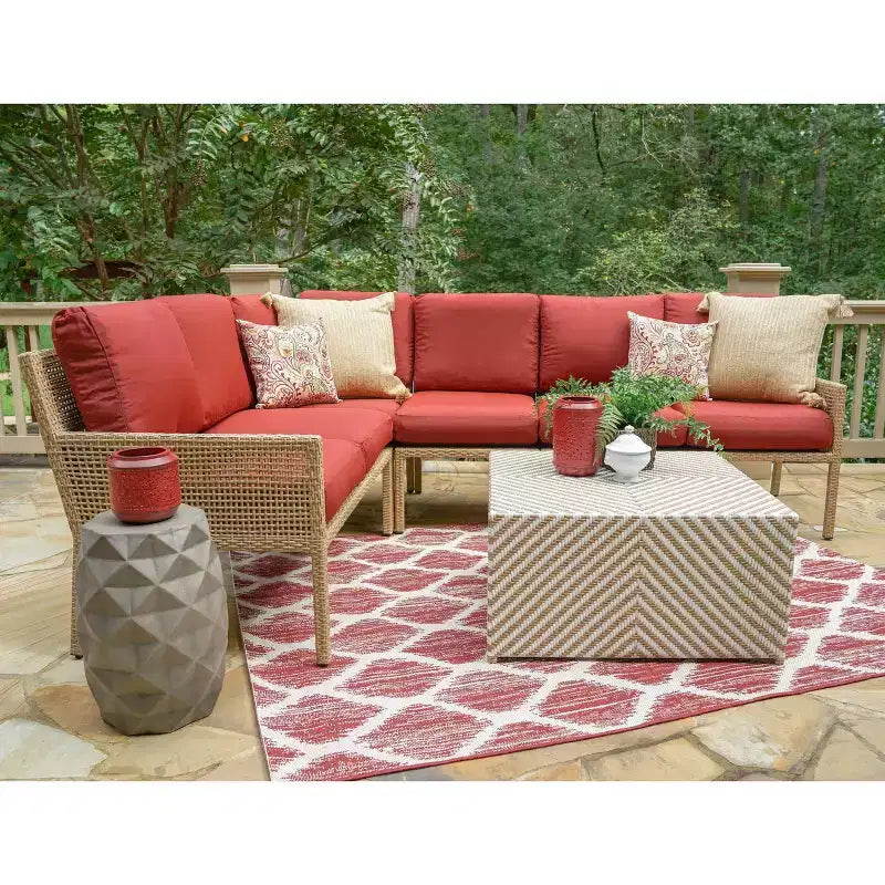 Leisure Made Riviera 5pc Wicker Sectional in Red Fabric