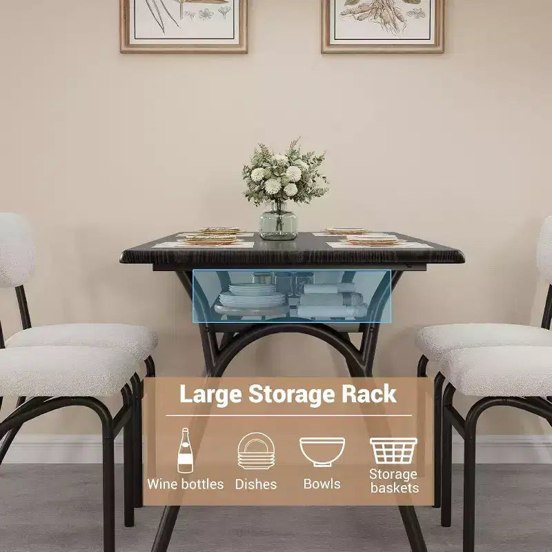 5-Piece Dining Room Set, Rectangular Table with Storage Shelf & 4 Beige Velvet Chairs, Modern Kitchen Dining Table and Chairs