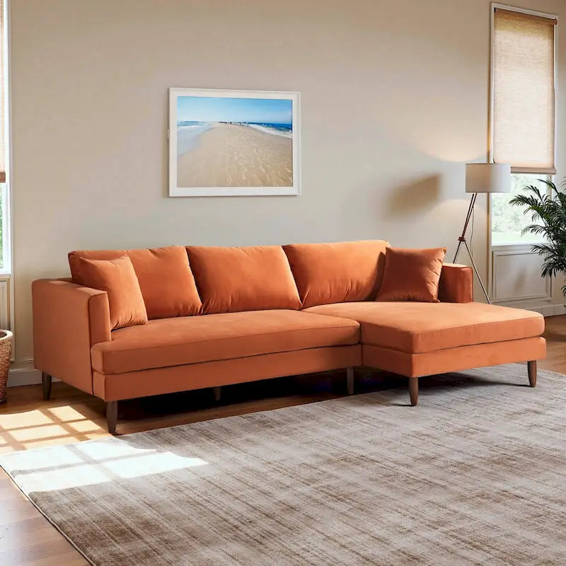 Mid-Century Modern L-Shaped Pillow Back Velvet Sectional Sofa