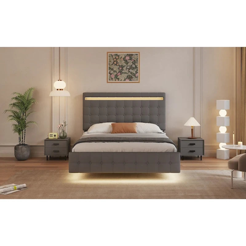 Queen Platform Bed Frame with LED Lights, Upholstered Headboard & Footboard, Wood Slats