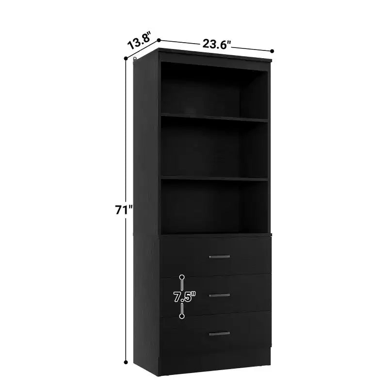 71-Inch Tall Bookshelf with 3 Drawers and Open Shelves
