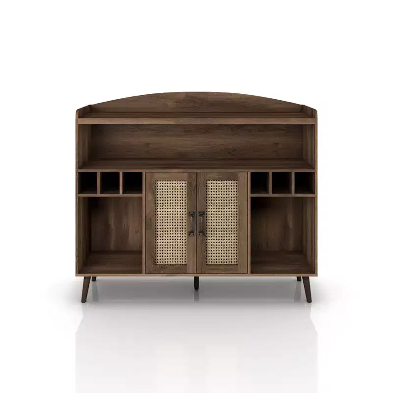 Klimar Open Shelves Buffet Distressed Walnut - miBasics: Midcentury Server, 6-Bottle Cubbies, Woven Door