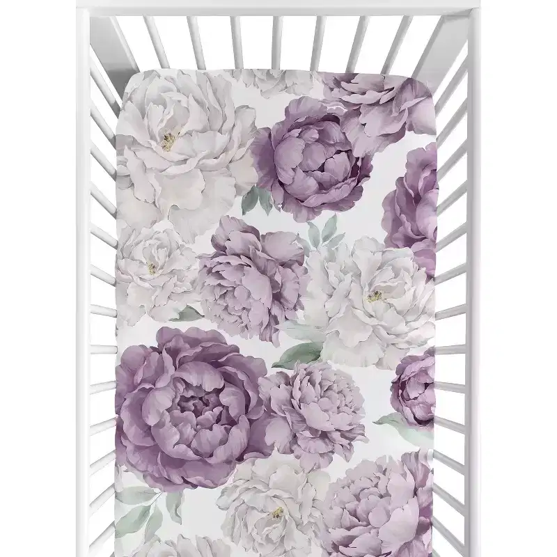 Sweet Jojo Designs Girl Fitted Crib Sheets Set Peony Floral Garden Purple Ivory and Green 2pc