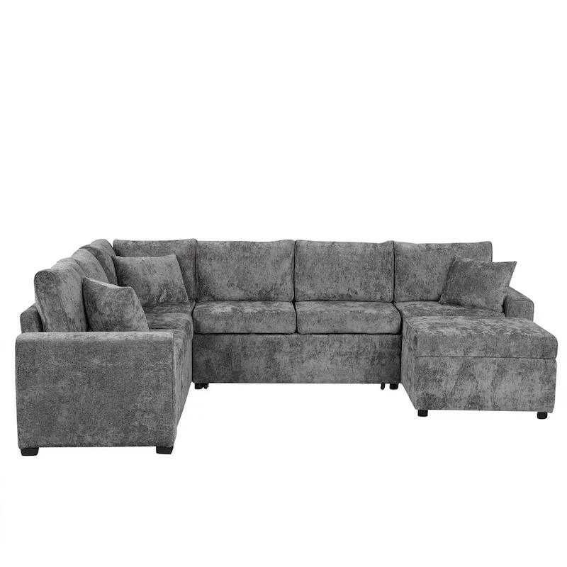 Chenille Sectional Sofa Pull-out Sofa Bed, L-Shape Sleeper Sofa with Storage Ottoman, 3 Pillows and Charging Devices