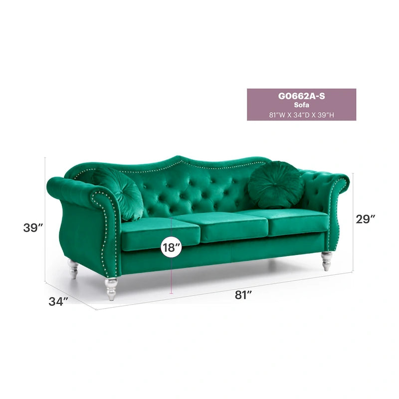 82 in. Velvet Chesterfield 3-Seater Sofa with Tufted Back and Nailhead Trim