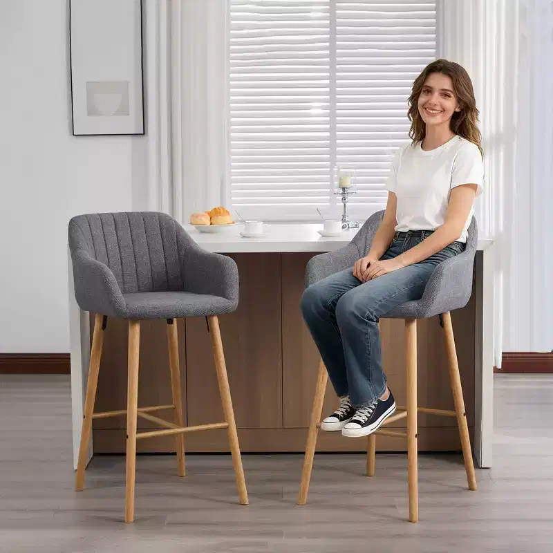 Zeus & Ruta Modern Linen Upholstery Bar Stools Set of 2 with Back, Armrest & Wood Legs, Kitchen Island Height