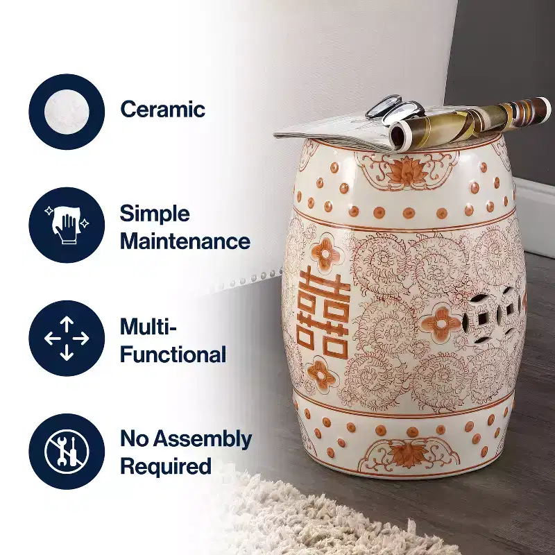 JONATHAN Y Double Happiness 18 Chinoiserie Ceramic Drum Garden Stool/Accent Table